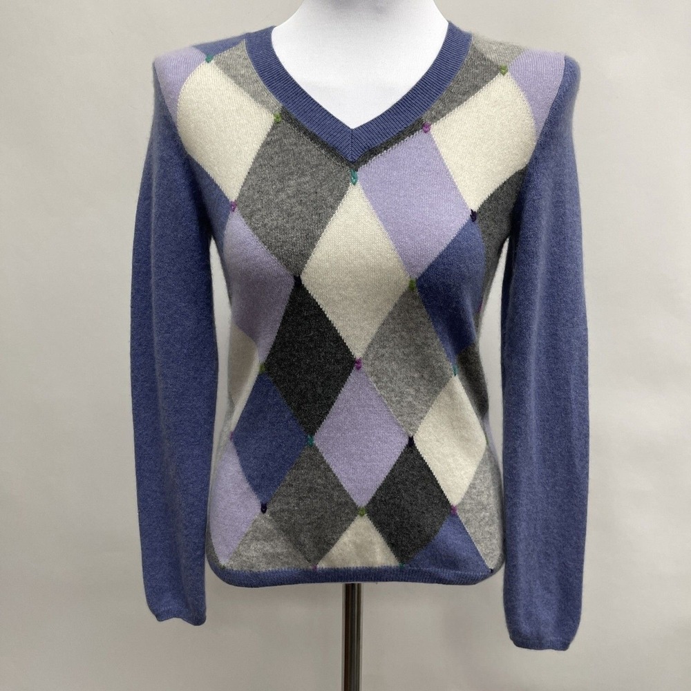 Charter Club Sweater Women's Small Purple Gray White Argyle 2-Ply 100% Cashmere